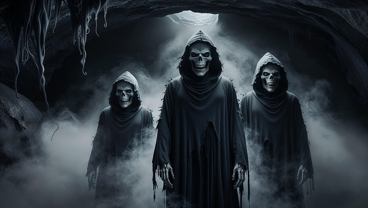 ai generated, demons, halloween, cave, monsters, scary, skeletons, horror, gruesome, ghostly, grim, fog, spooky, black and white